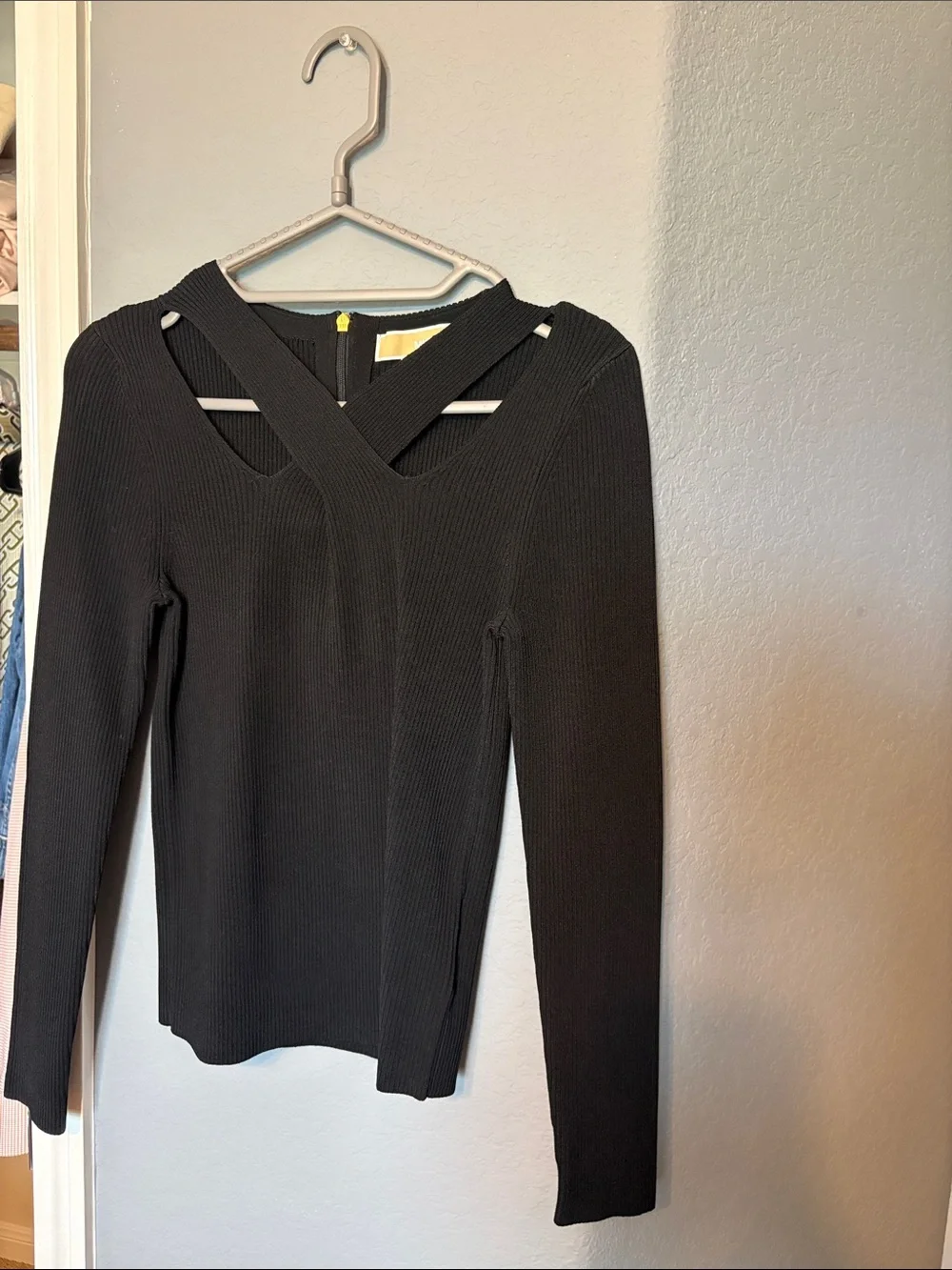 Michael Kors Black Ribbed Long Sleeve Top with Crisscross Detail